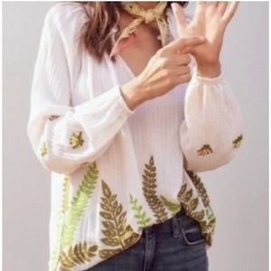 Anthropologie Ranna Gill Fern Embroidered Top Womens Medium Ivory Crinkled